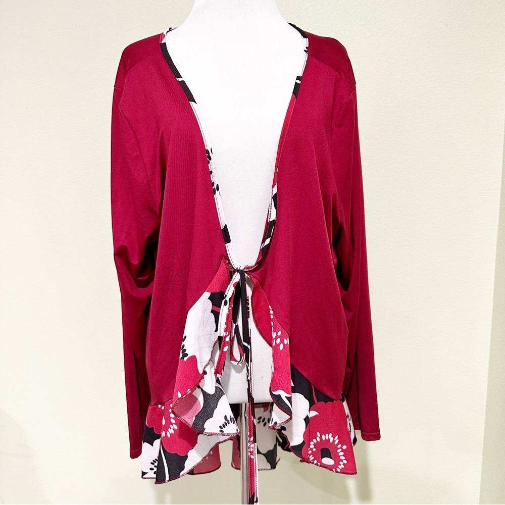 Rose Gal Plus Size Floral Tie Front Ruffle Blouse Size 4X Red